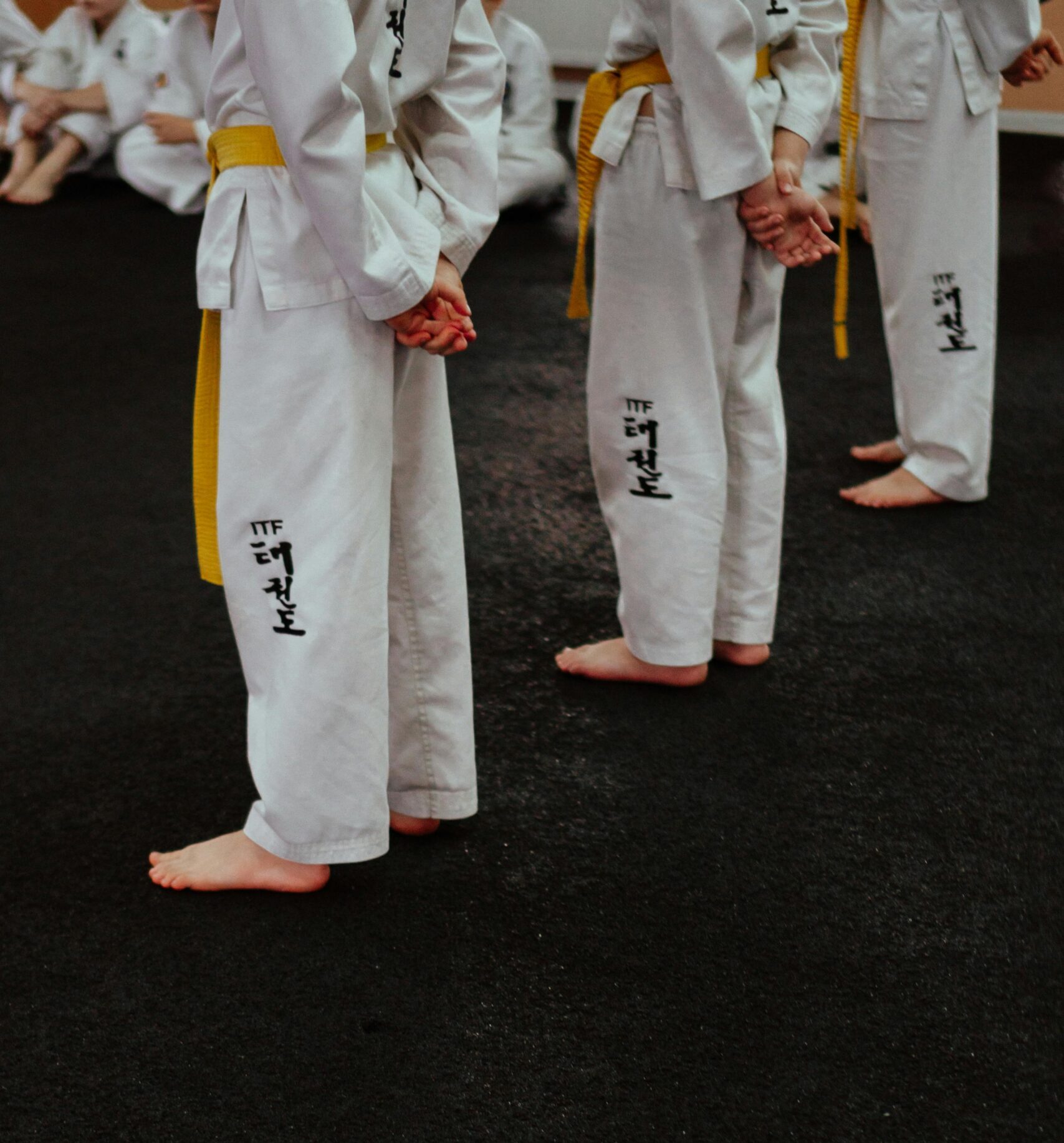 Children in taekwondo uniforms training in martial arts class.